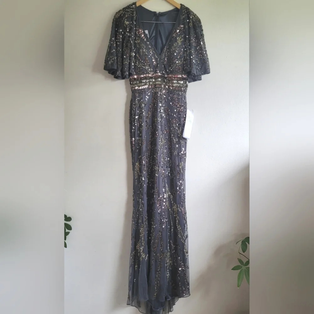 Mac Duggal, Cape Sleeve Embellished Evening Gown,‎ Charcoal, Size 4, NWT - Picture 4 of 15